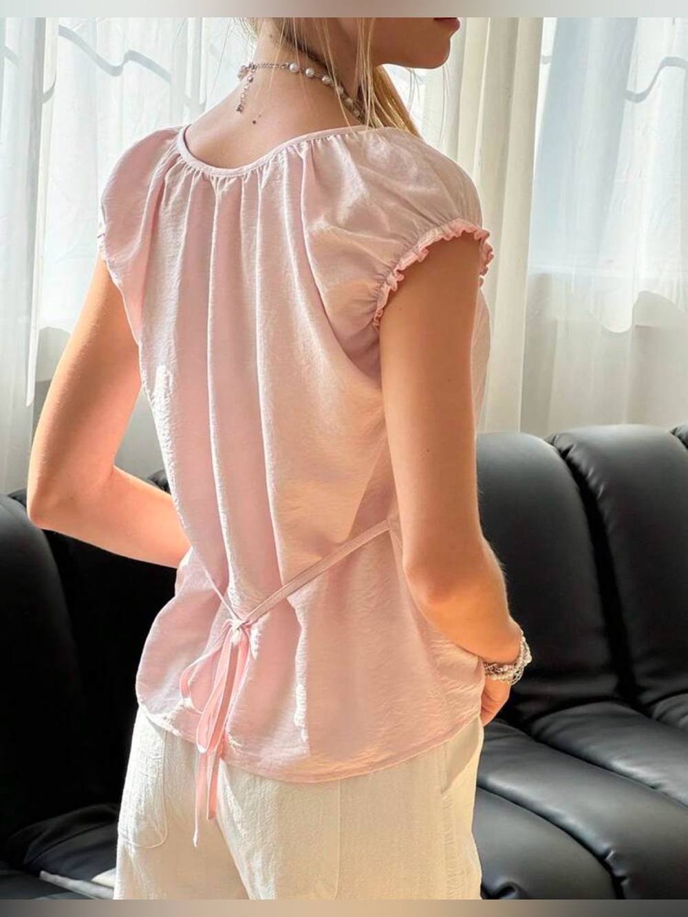 Lightweight light pink tie-back blouse NWOT